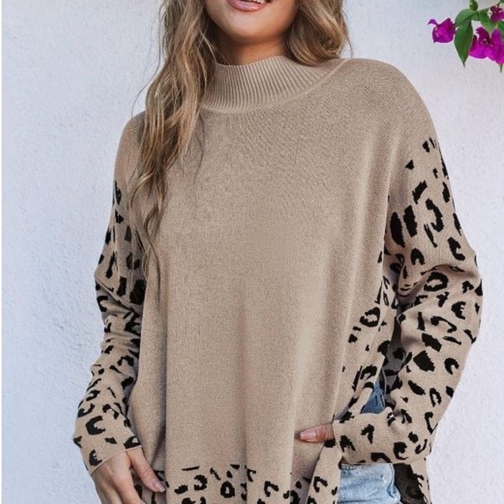 Leopard High Neck Side Slit Oversized Sweater size 2XL Cozy Minimalist Chic